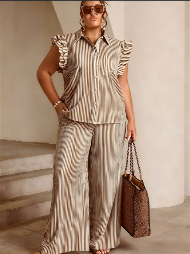 Plus Size Striped Ruffle Sleeve 2 Piece Outfit