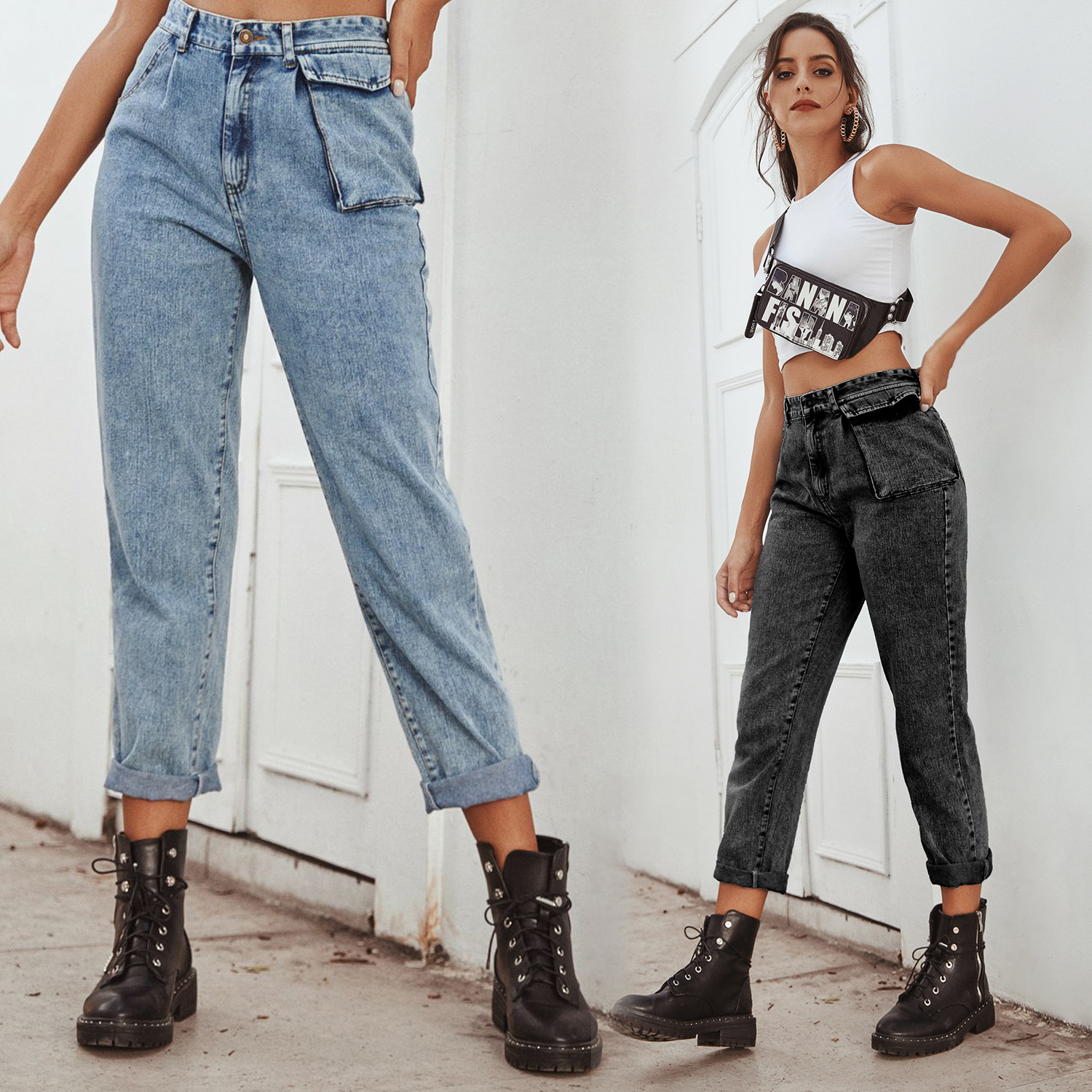 High Waist Tooling Patch Pocket Denim Trousers