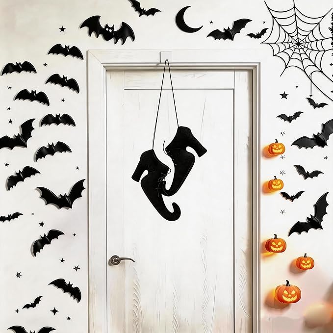 Halloween Witch Shoes Hanging Ornament, 3D Witch Boot Decor With 24 Bats For Door, Wall, Tree, Porch And Party Decorations 5