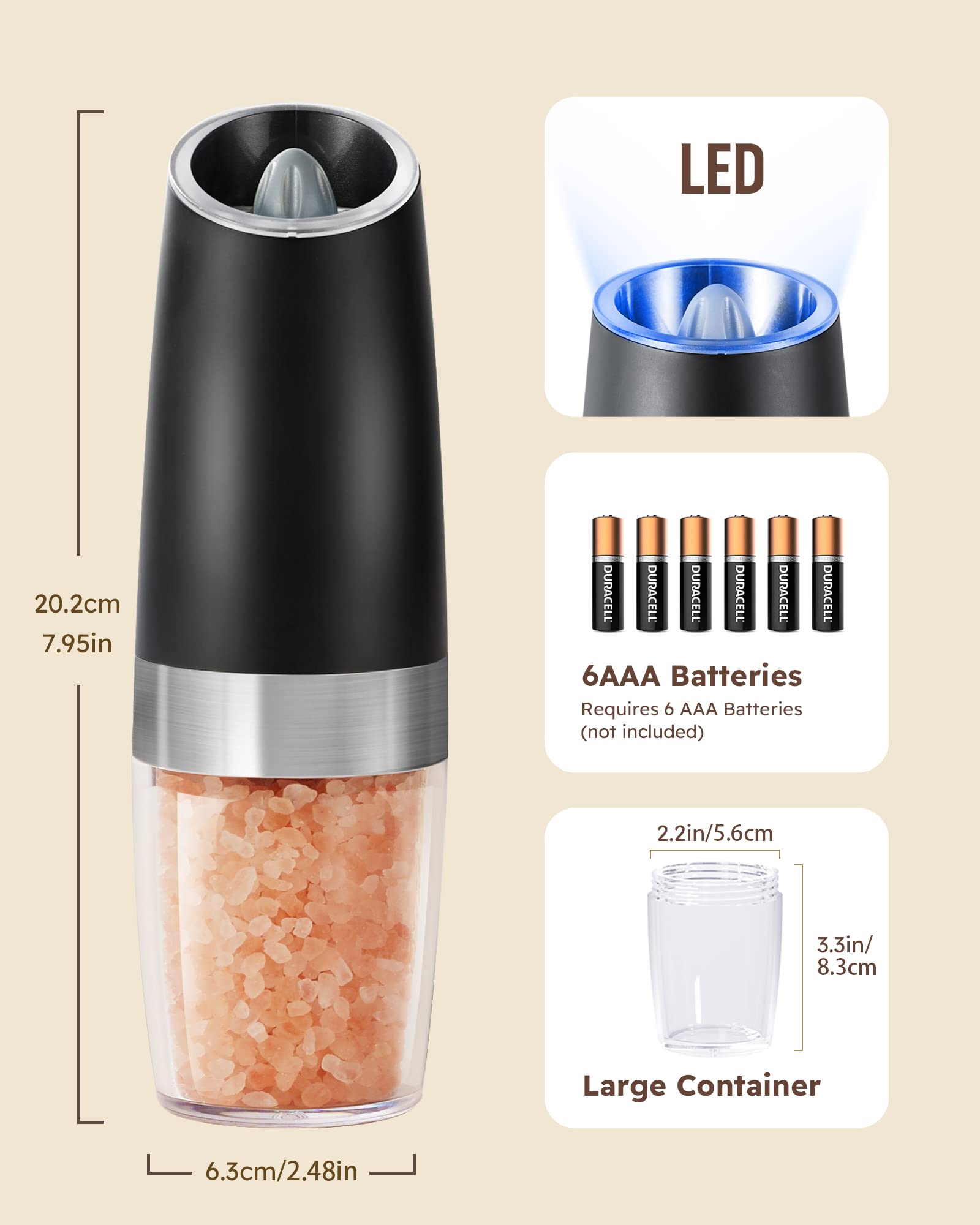 Gravity Electric Salt And Pepper Grinder Set with LED light, battery powered adjustable coarseness, one hand operation, upgraded larger capacity.