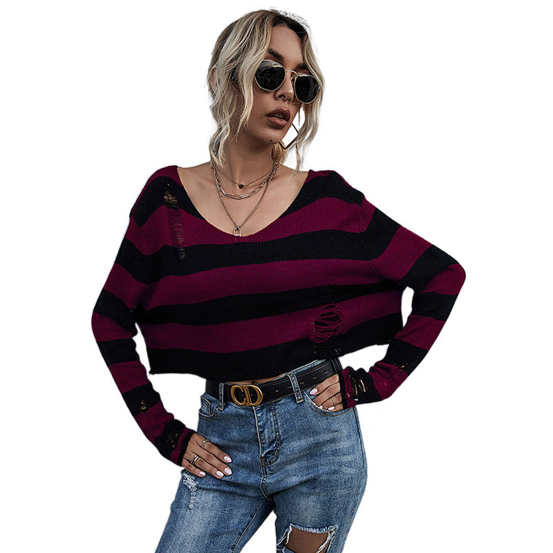 New Big V-neck Striped Sweater Ripped Knit Sweater Loose Long Sleeves