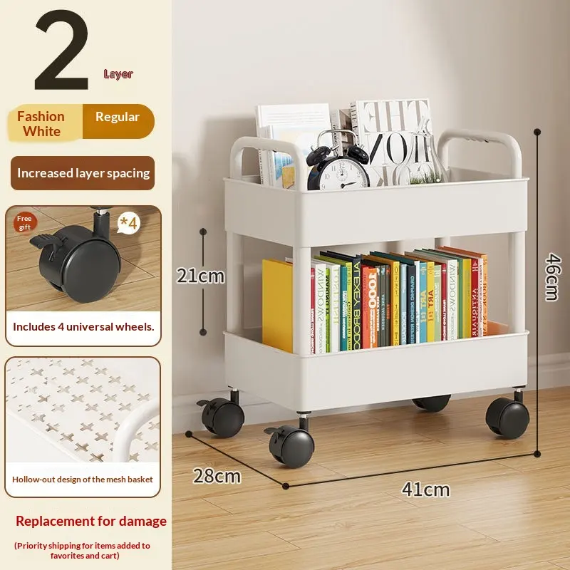 26cm White-2 Layers-wheels-4 HooksSmall Cart Storage Rack