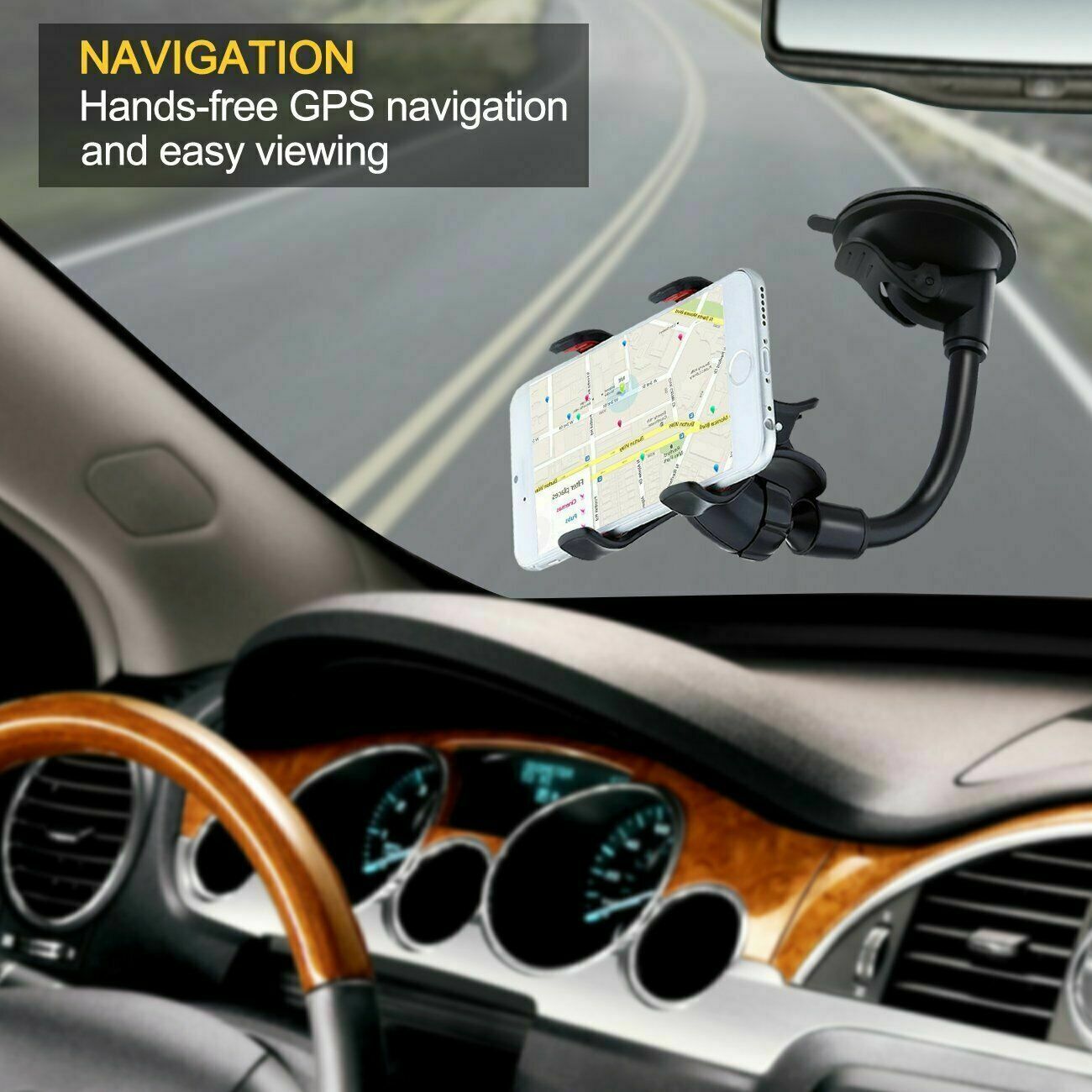 Adjustable car phone holder with 360° rotation and strong suction for windshield. Fits devices up to 3.54 inches wide. Durable arm with 360° rotation. No glue suction cup design. Made for car windshields only.