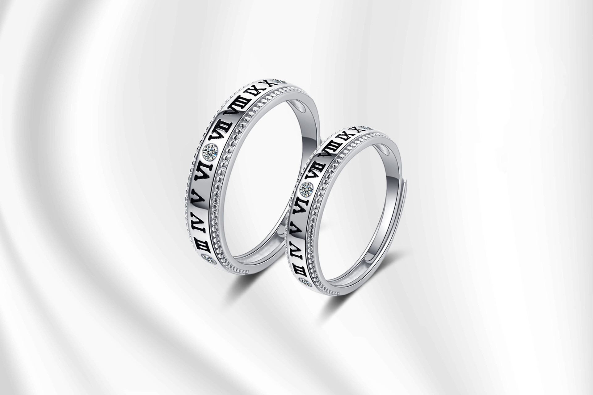 Title 3, Sterling Silver Roman Numerals Couple Ring Simp...