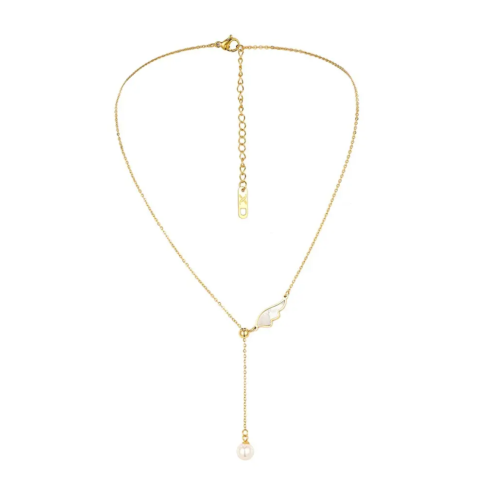 Fashion Stainless Steel Gold Plated Shell Angel Wing Pearl Necklace