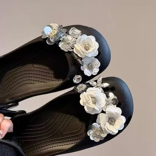 Ballet Shoes Camellia Hollow-out Women's Non-slip Slippers Beach Sandals, Summer Slip-on Seaside Shoes