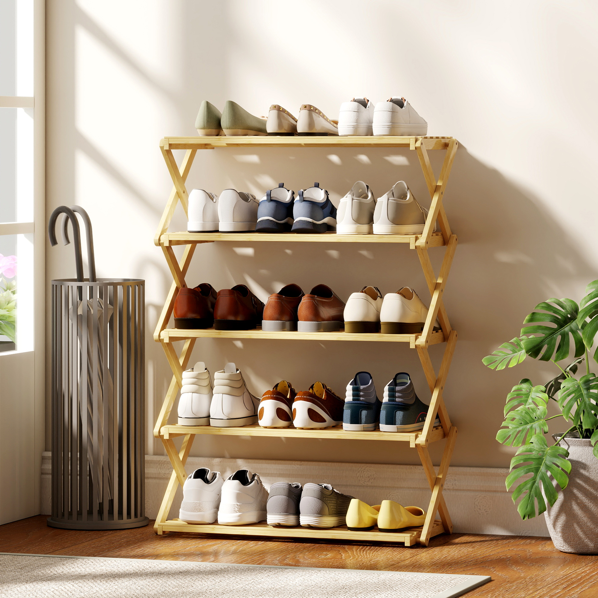Three Layer Folding Bamboo Shoe Rack - Natural Color — image 5