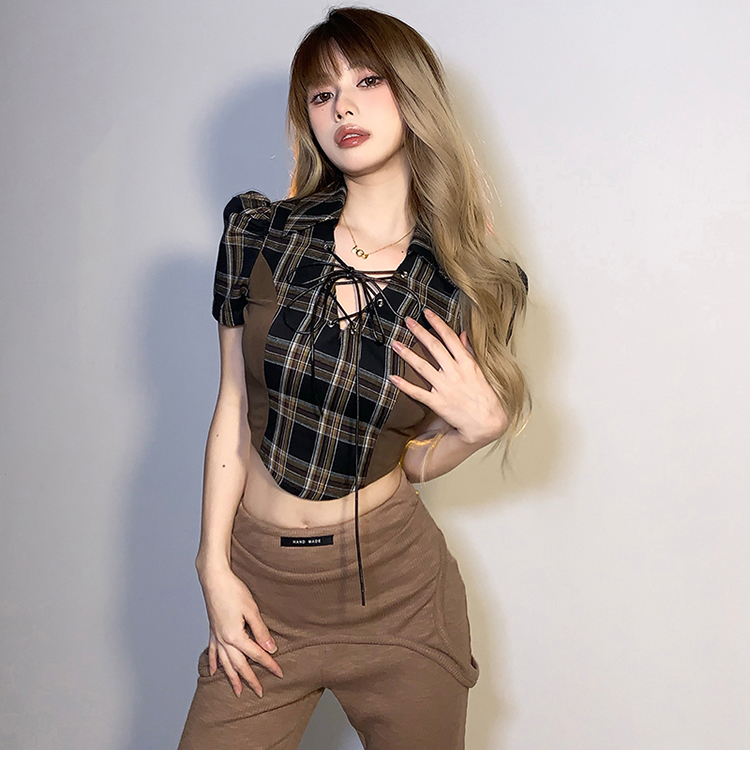 Title 5, Retro Plaid Short-sleeved T-shirt Femininity Niche