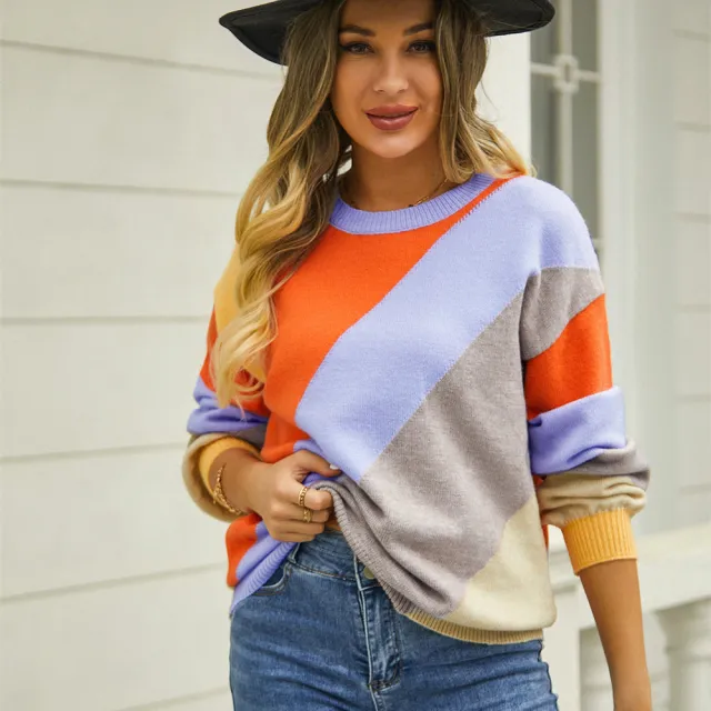 Women's Fashionable Simple Striped Patchwork Round Neck Sweater Orange - Shop at LoveMi