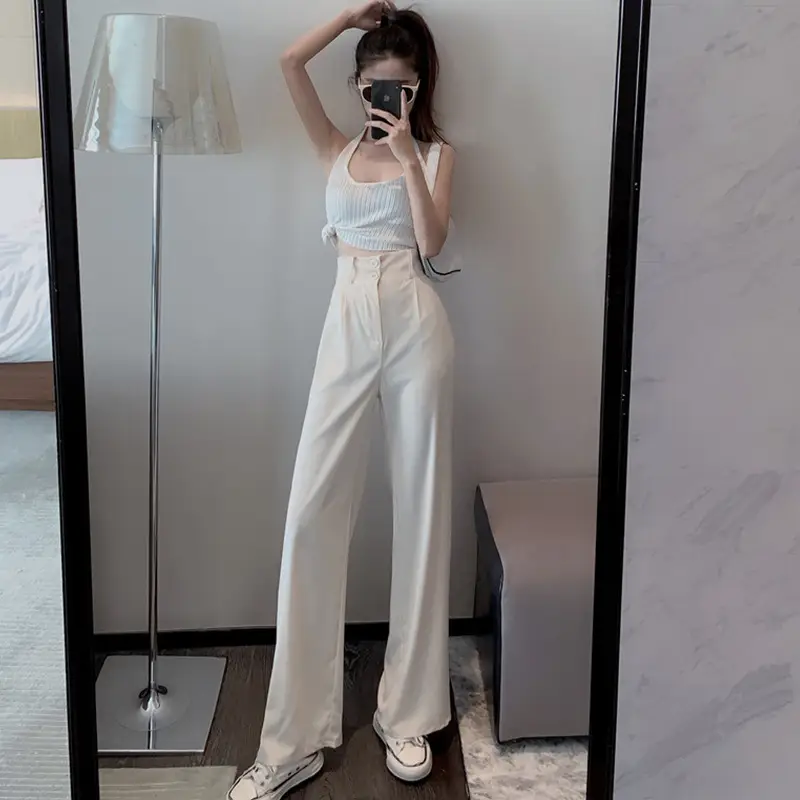 White Pants Women's High Waist Drape Suit Wide Leg Pants