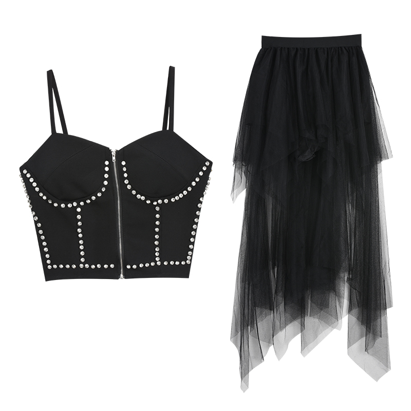 Irregular Cake Mesh Skirt Mid-length Skirt Two-piece Suit Short Rhinestone Tube Top Strap Top