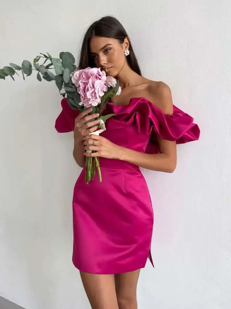 Women's Ruffled Off-shoulder Dress Solid Color