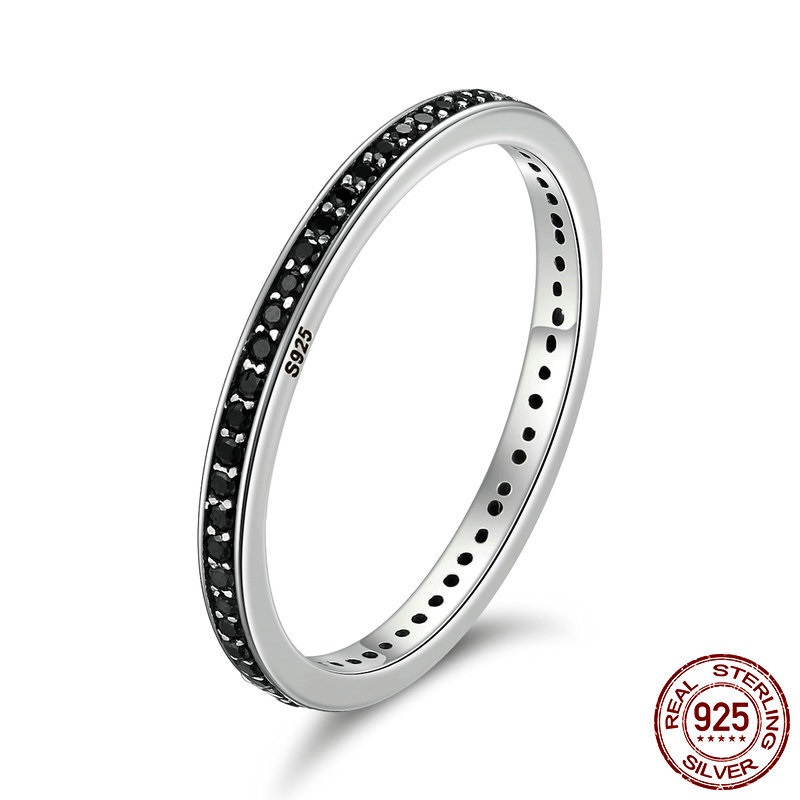 Simple Fashion Elegant Women's Black Zircon S925 Sterling Silver Ring