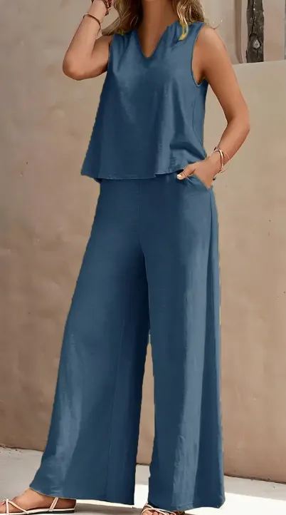 Solid Color Summer Casual Pants Set, V Neck Tank Top & Wide Leg Pants Outfits, Women's Clothing Sea Blue - Shop at LoveMi