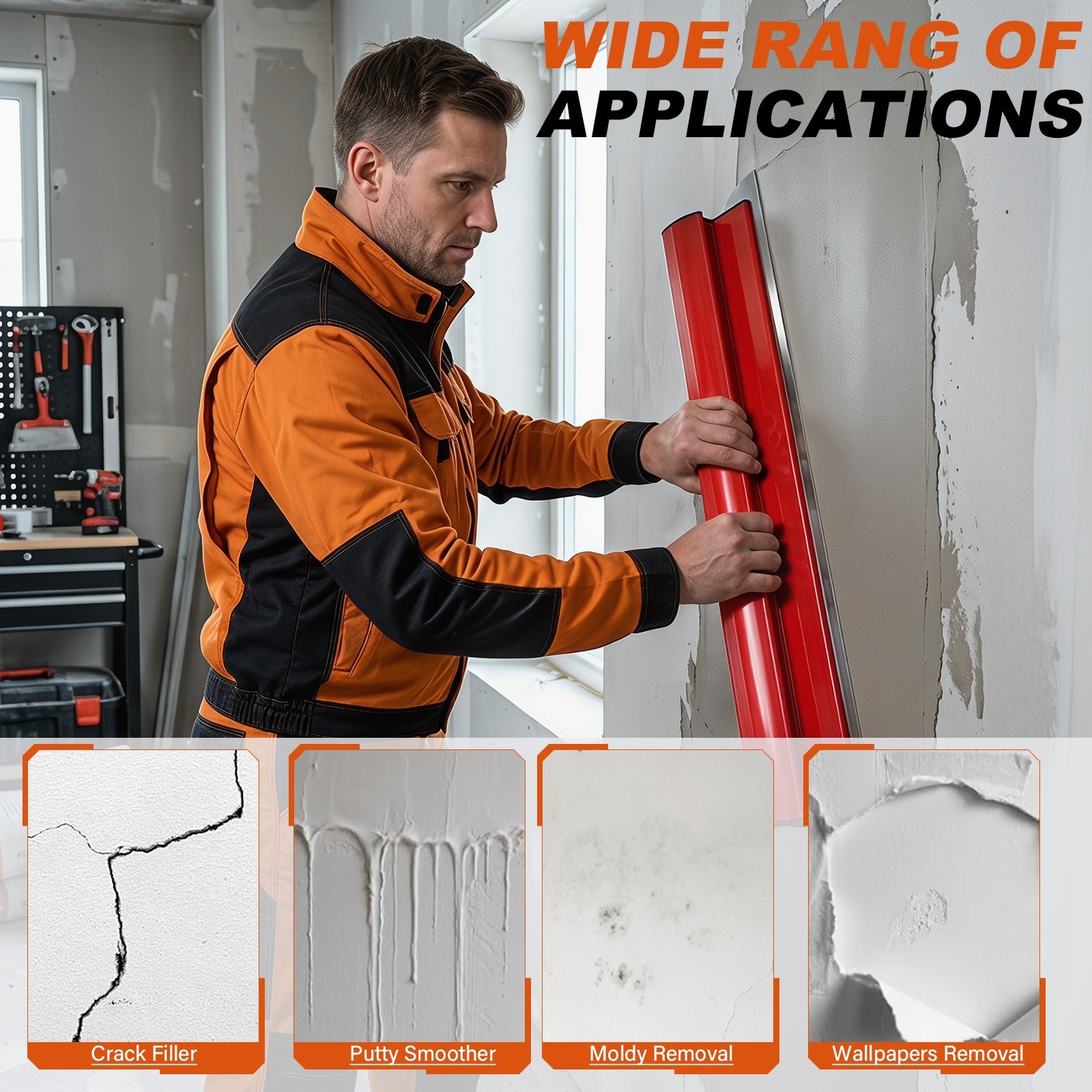 25406080cm Stainless Steel Drywall Skimming Blades Set W Telescopic Pole Kit — image 3