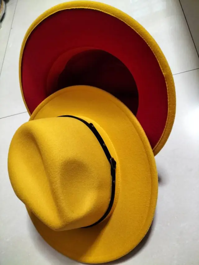 European And American Popular Woolen Top Color Matching Flat Brim Fedora Jazz Hat Red - Shop at LoveMi