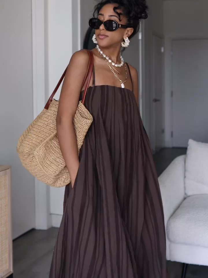 Brown Striped Suspender Pocket Loose Dress