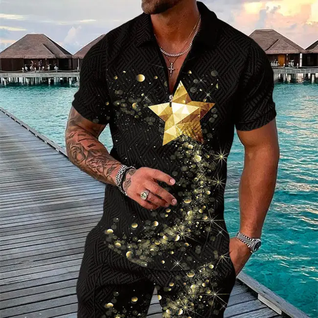 Men's Summer Fashion 3D Printed Short Sleeve Geometric Zip Lapel Shirt Set
