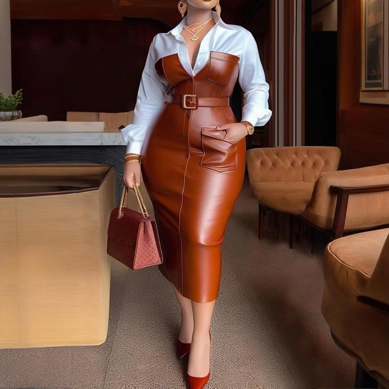 Women's Fashion V Neck Long Sleeve Shirt Leather Trim Dress Belted Pocket Detail Bodycon Midi Dress Brown - Shop at LoveMi