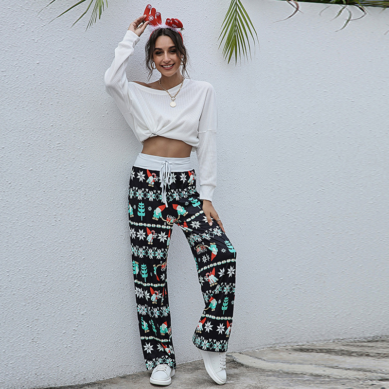 Fashion Lace up Casual Loose Lace up Christmas Printed Pants Green Trees - Shop at LoveMi