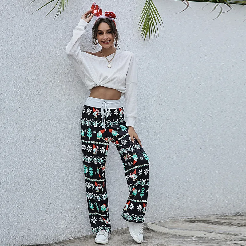 Fashion Lace-up Casual Loose Lace-up Christmas Printed Pants - Green Trees