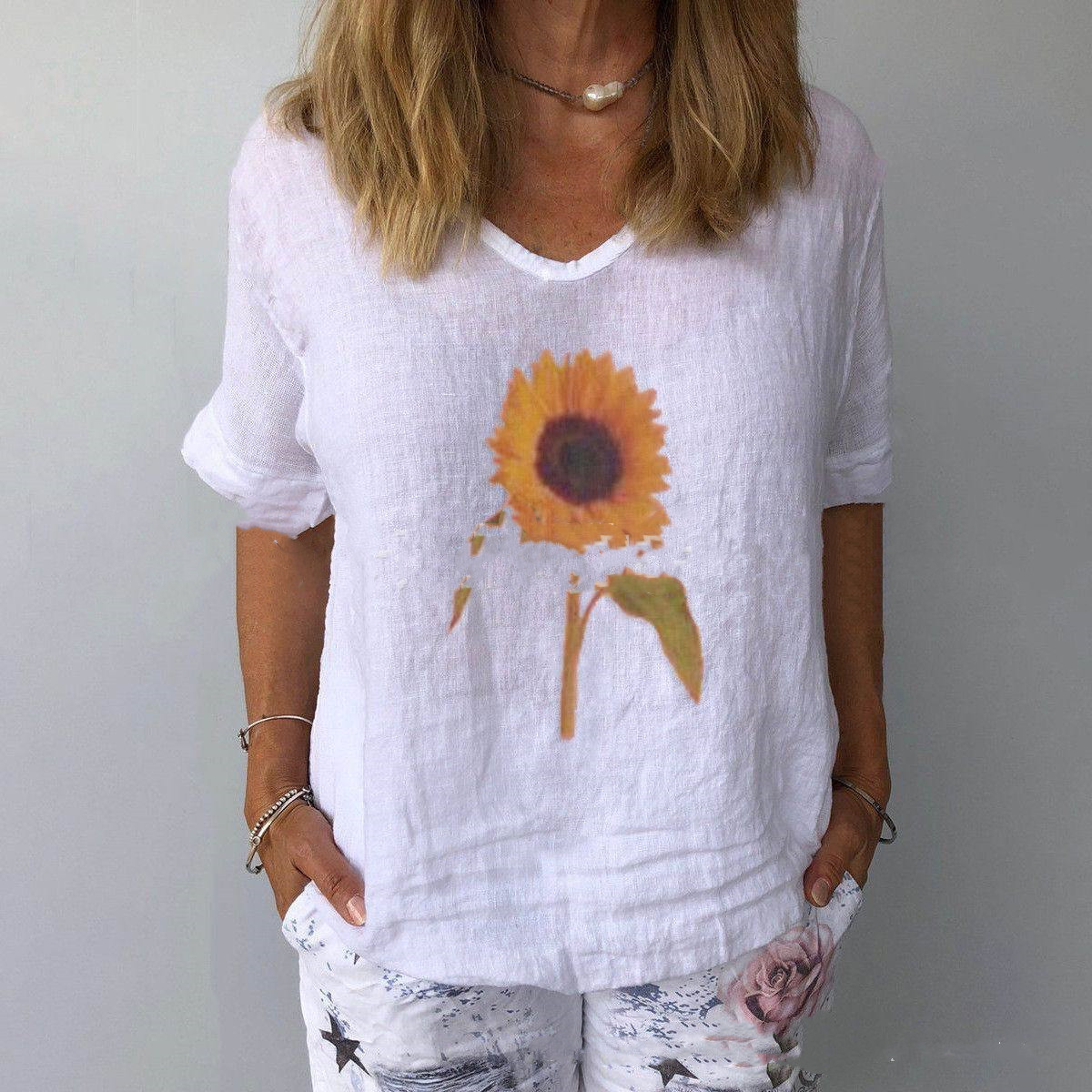 Title 3, Cotton And Linen Loose Sunflower Print Top