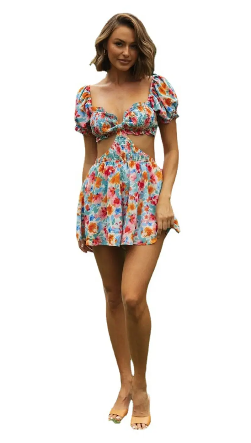 Women's Printed V-Neck Puff Short Sleeve Dress