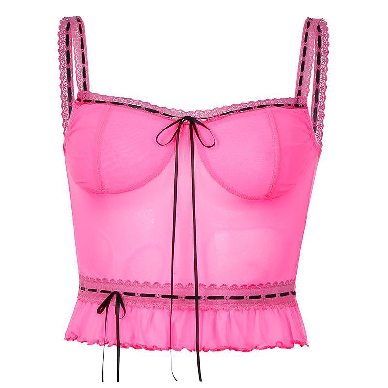 Lace Stitching Mesh Contrast Color Lace-up Chest Slim Camisole