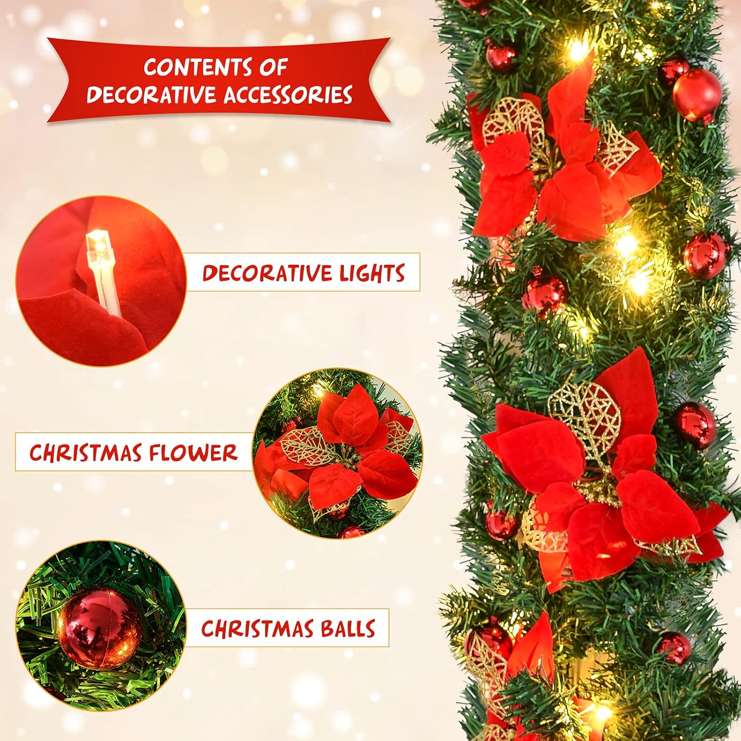 9FT Christmas Garland Decorations, 2.7M Wreath Garlands Xmas For Fireplaces — image 8