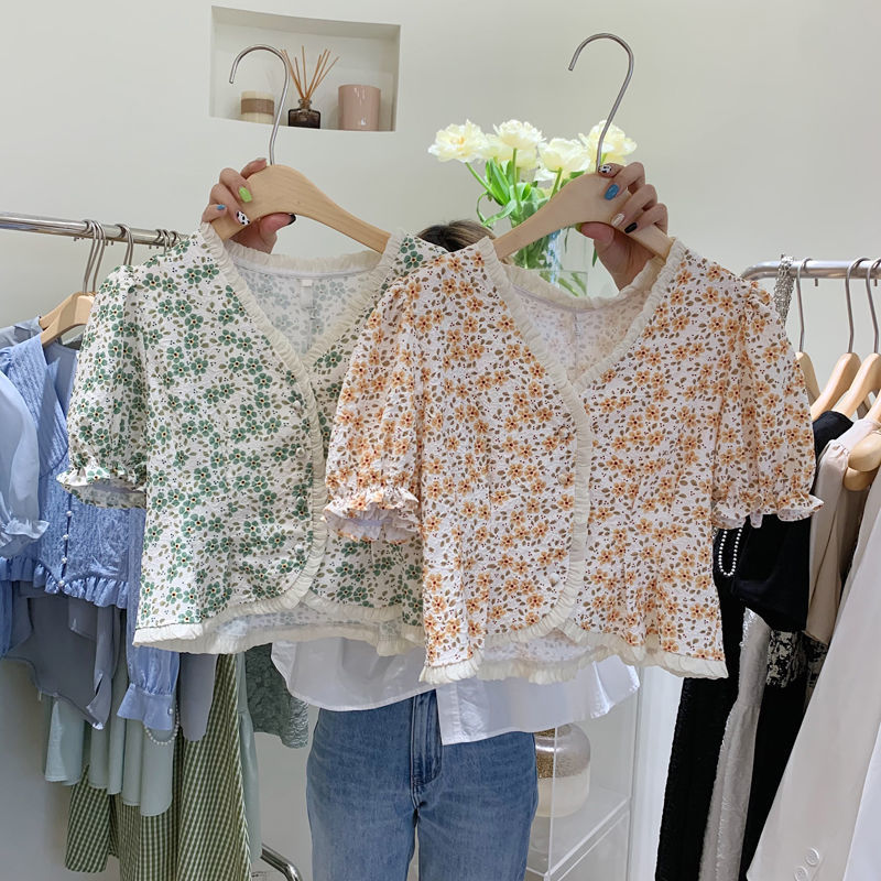 Waist Slimming Small Floral V-neck Bubble Short-sleeved Chiffon Shirt