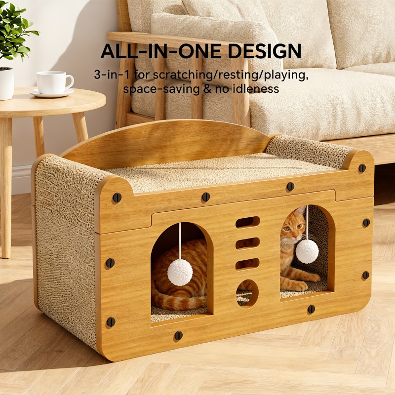 Double Door Design Cat Scratcher Sofa, 56cm Large Size, With 2 Teaser Balls, For Large & Multi-Cat Households