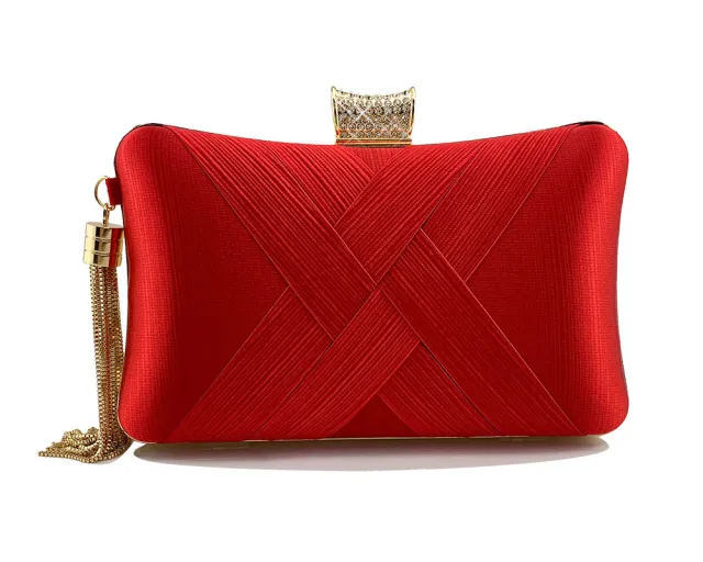 Fringed Metal Braided Diamond Buckle Banquet Evening Clutch Shoulder Bag Red - Shop at LoveMi