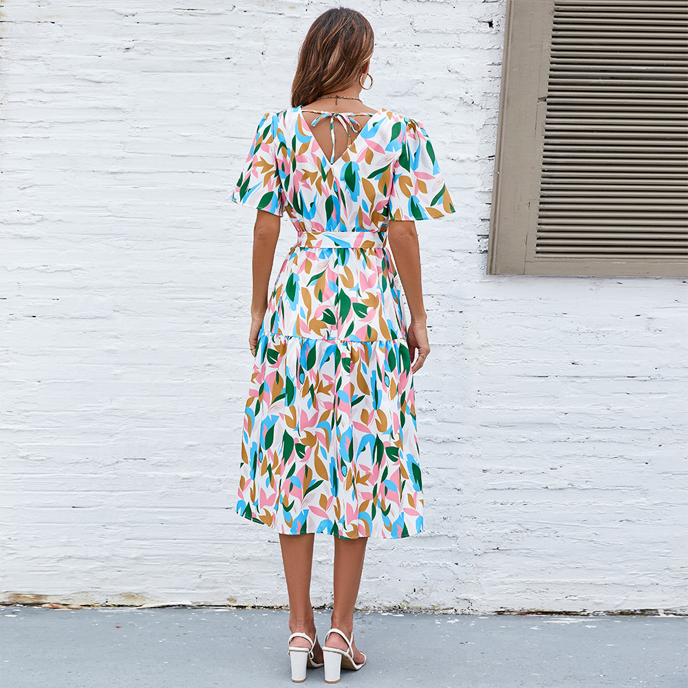 Bubble Sleeved Short Sleeved V-neck Tie High Waisted Dress