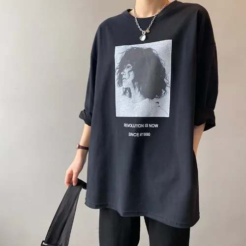 Spring New Korean Style Lazy Style Loose Long sleeved Printed T shirt Black - Shop at LoveMi