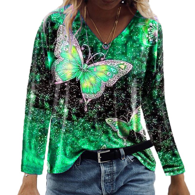 Title 2, Casual Top V-Neck Butterfly Print Loose Long Sl...