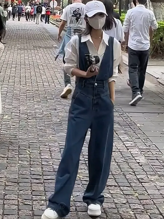 High Waisted Loose Fitting Wide Leg Denim Strap Pants For Women Blue - Shop at LoveMi