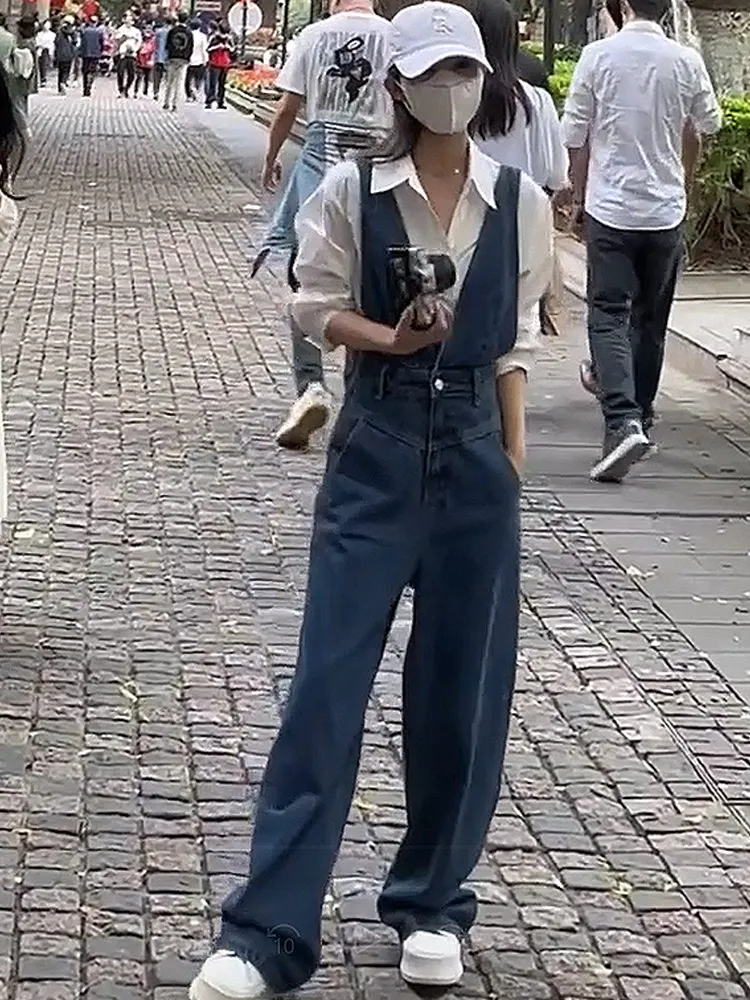 High Waisted Loose Fitting Wide Leg Denim Strap Pants For Women - Blue