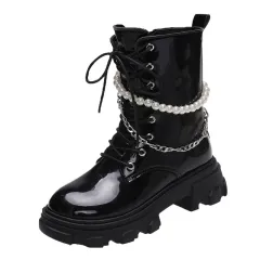 Fashion Women's Pearl Chain Platform Ankle Boots - Black - View 1