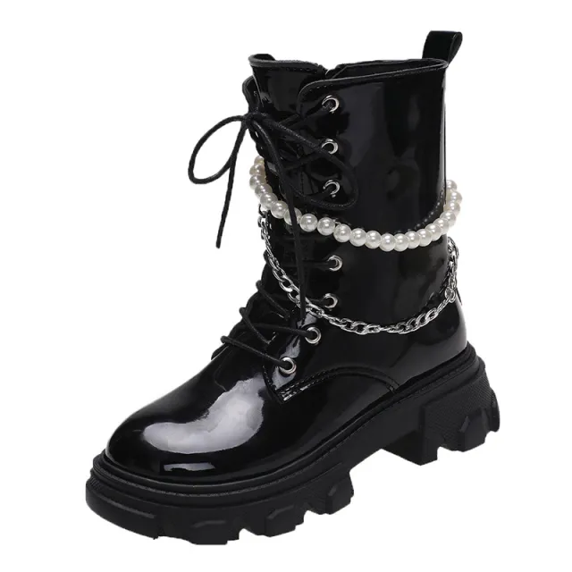 Fashion Women's Pearl Chain Platform Ankle Boots Black - Shop at LoveMi