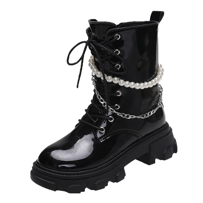 Fashion Women's Pearl Chain Platform Ankle Boots - Black