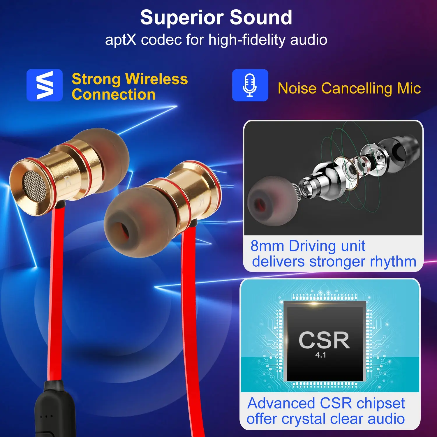 Sport Headsets Wireless V4.1 In-Ear Stereo Headphones Sweat-proof Running Earphones With Mic Hands-free