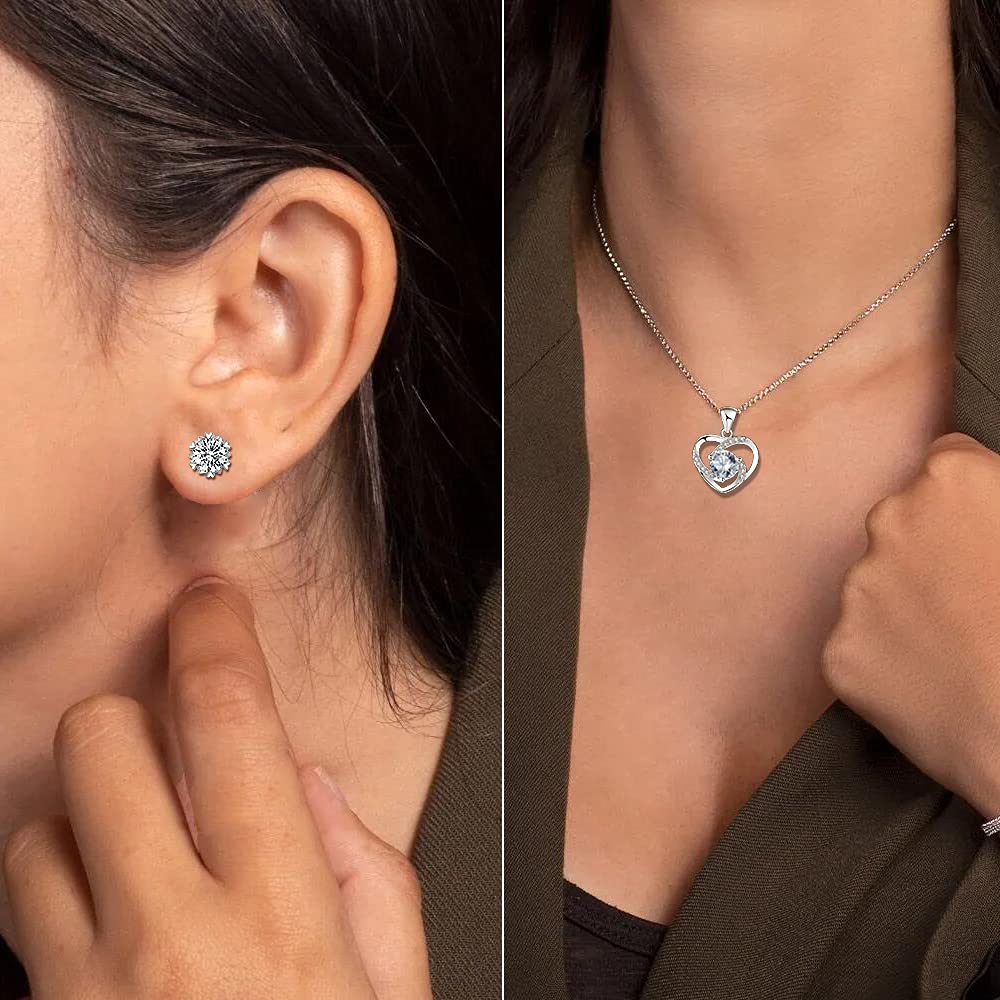 Heart Shaped Sterling Silver Necklace Earring Combination Suit