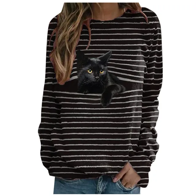 T Shirt Women's Fashion Stripe Top With Long Sleeve Little Black Cat - Shop at LoveMi