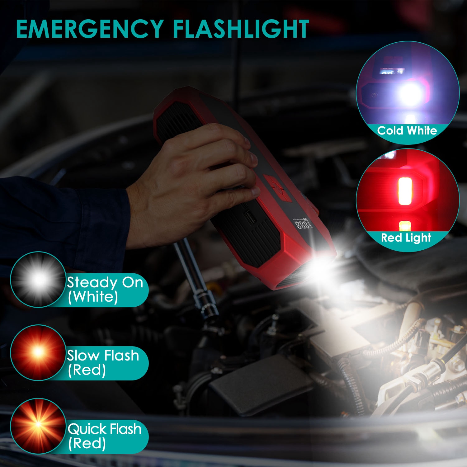 1Pc Portable Car Jump Starter Air Compressor 1500A 400PSI Car Battery Charger Jump Starter Power Bank LED Flashlight Digital Tire Inflator For 4.0L Gasoline Or 2.0L Diesel Engine