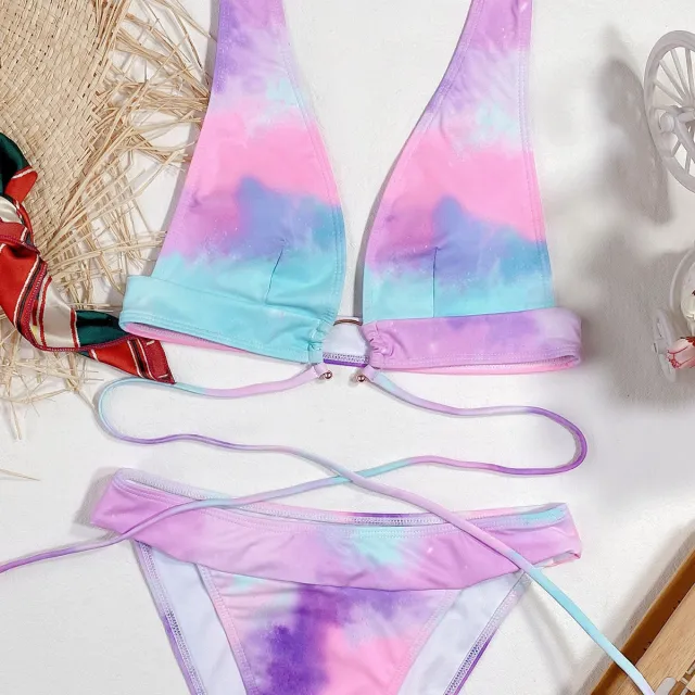 Tie dye Outer Single Burst Swimsuit Sexy Bikini Female Split Swimsuit Pink - Shop at LoveMi