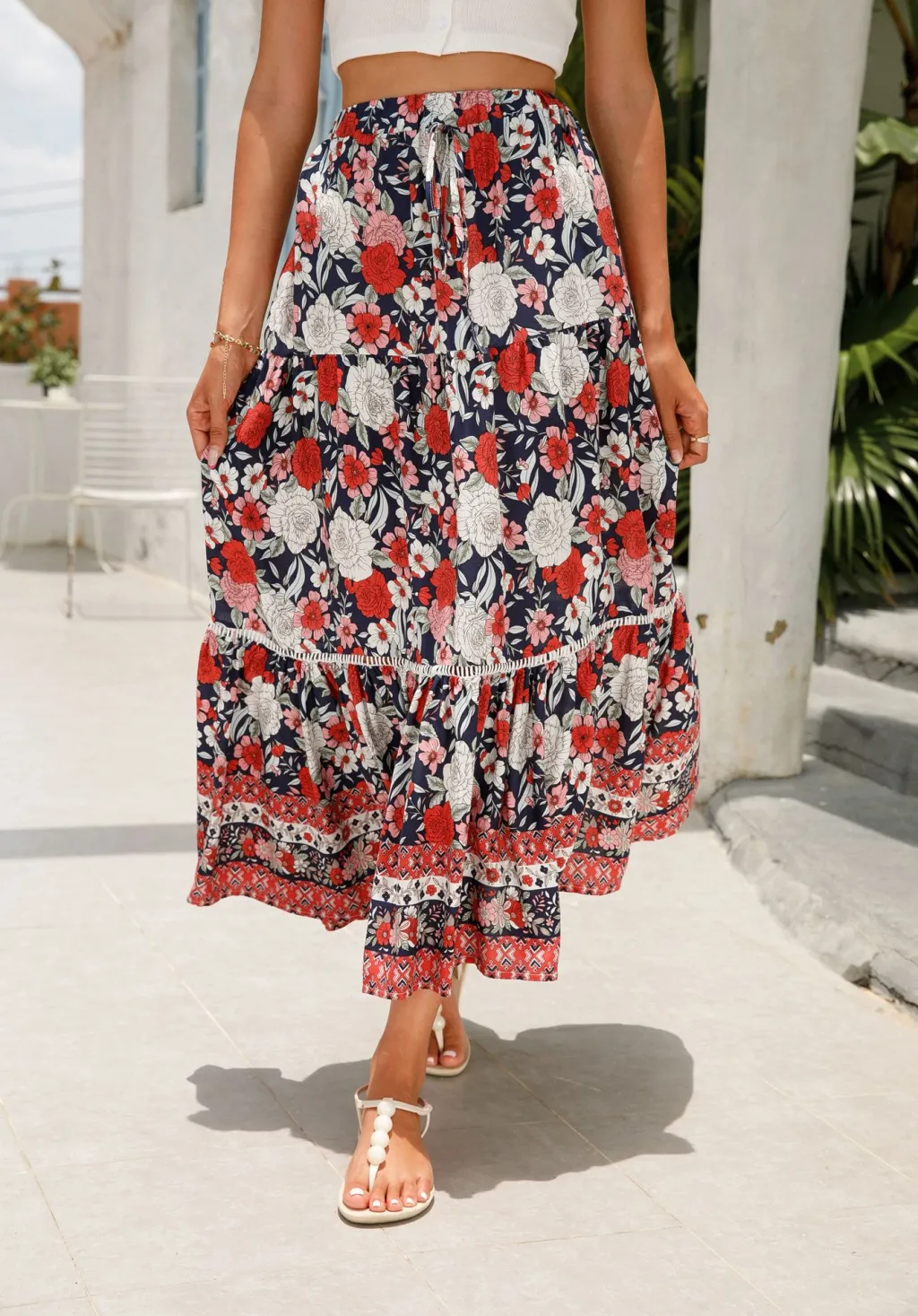 Lace-paneled Maxi Dress Rayon Positioned Floral Bohemian - Red