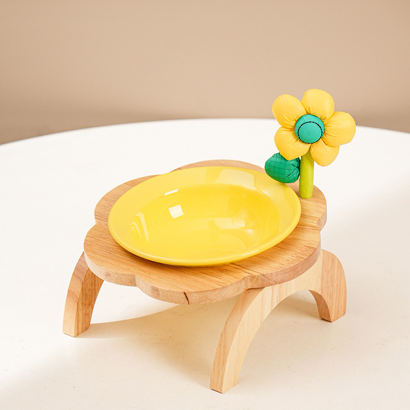 Cat Food Bowl With Wood Holder Stand Flower Shaped Ceramic Food Dish Water Bowl Cat Feeding Drinking Plates Multi Color