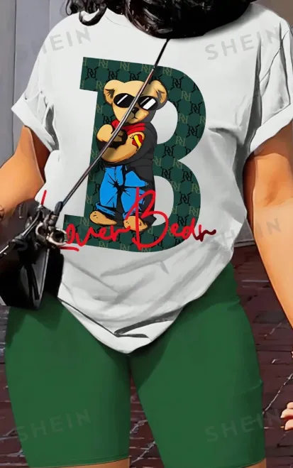 Slayr Bear Print T Shirt And Solid Color Shorts Set White - Shop at LoveMi