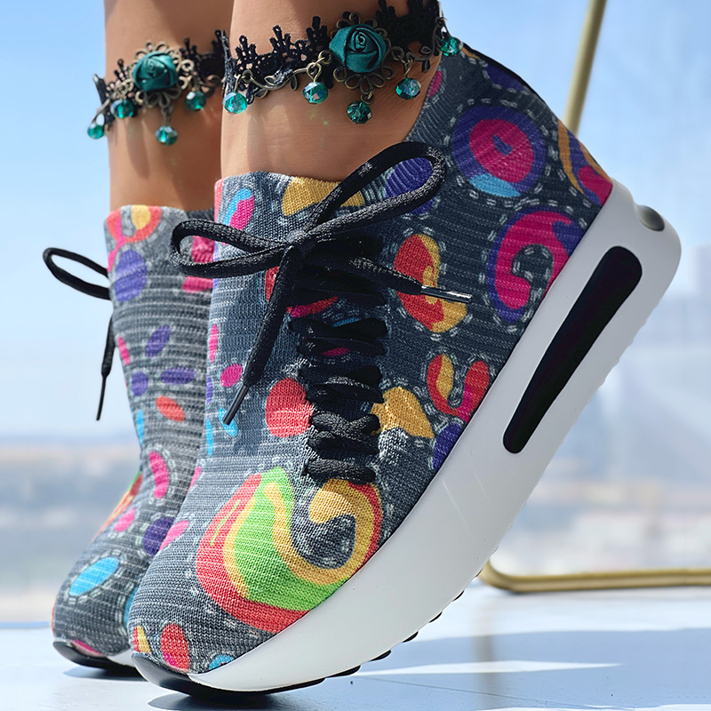Women's Random Print Side Lace-Up Elastic Sport Shoes, Comfortable Slip-On Sneakers For Women, Casual Daily Wear Footwear — foto 16