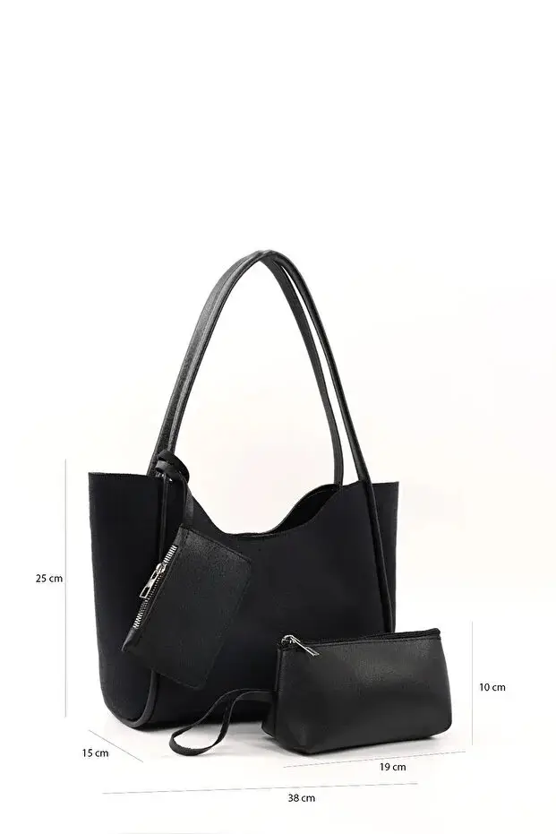 Black Suede SHK108 Women Hand And Shoulder Bag With Wallet And Makeup Bag